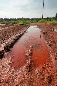 Pit with a puddle in red mud from iron ore. Stock Photos