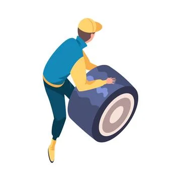 Pit Stop with Man Character Repair Motor Car Change Tires Vector Illustration Stock Illustration