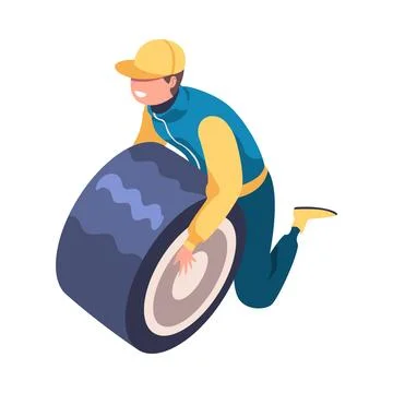 Pit Stop with Man Character Repair Motor Car Change Tires Vector Illustration Stock Illustration