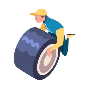 Pit Stop with Man Character Repair Motor Car Change Tires Vector Illustration Stock Illustration