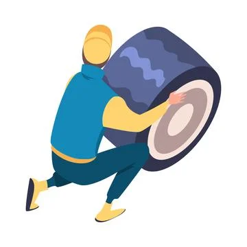 Pit Stop with Man Character Repair Motor Car Change Tires Vector Illustration Stock Illustration
