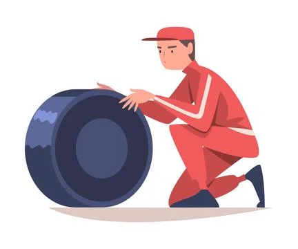 Pit Stop with Man Character Repair Motor Car Change Tires Vector Illustration Stock Illustration