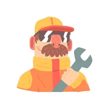 Pit stop technician worker in an orange uniform with wrench, member of racing Illustrazione stock