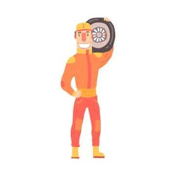 Pit stop technician worker in an orange uniform holding car wheel, member of Stock Illustration