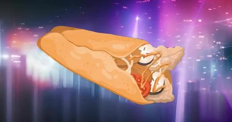 Pita wrap floating against digital neon backdrop, with seasoned meat, tomato, Stock Illustration