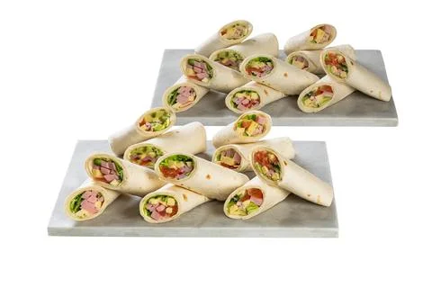 Pitas roll with ham, cheese, slice tomato, lettuce, sauce, on an isolated whi Stock Photos
