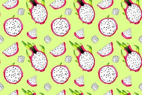 Pitaya, dragon fruit slice pattern on green background Stock Illustration