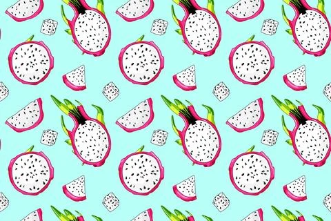 Pitaya, dragon fruit slice pattern on blue background Stock Illustration