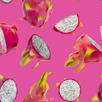Pitaya pattern. Ripe dragon fruit or pitahaya on a pink background. Stock Photos