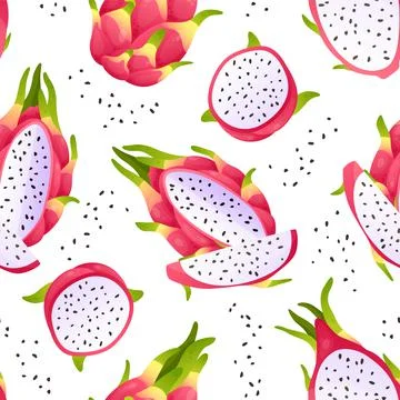 Pitaya pattern. Seamless texture with whole half and pieces of exotic Asian Stock Illustration