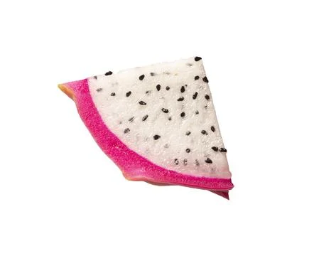 Pitaya segment, cut piece with pink purple skin, peel, flesh with black seeds Fotos de archivo