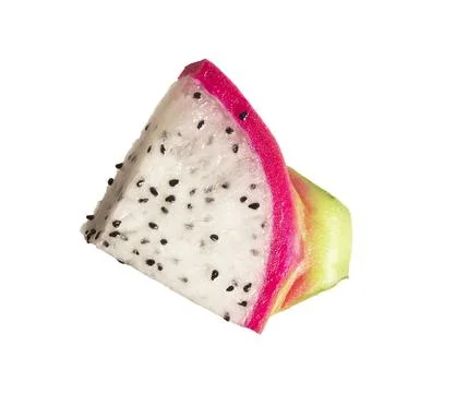Pitaya segment, cut piece, slice with purple and green scale peel, flesh with Fotos de archivo