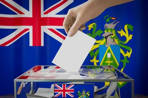 Pitcairn Islands flag, hand dropping ballot card into a box Illustration