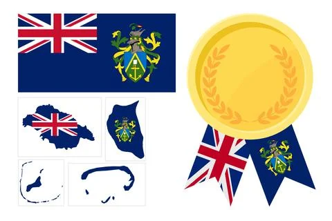 Pitcairn Islands flag with map and gold medal in set for web and banners or.. Stock Illustration