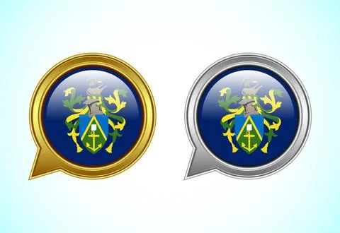 Pitcairn Islands flag speech bubble. Speaking flag icon in gold and silver .. Stock Illustration