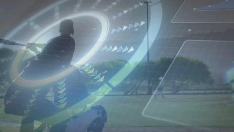 On pitch baseball batter loading then swinging to hit while HUD showing contact Stock Footage 333368205