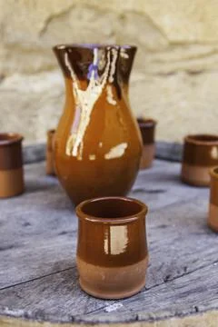 Pitcher and drinking glasses for drinks, object detail for drinking Stock Photos