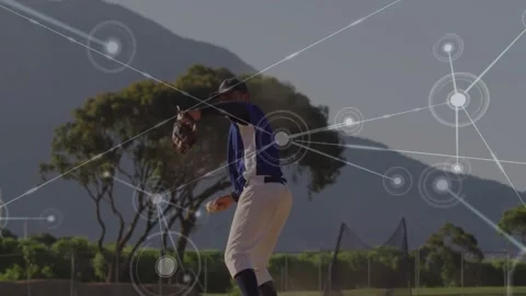 Pitcher catching ball on mound, winding then pitching for stats as node network Stock Footage 329784979