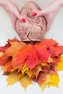 Pitcher with leaves in woman's hands Stock Photos