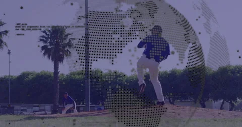 Pitcher pitching from mound, fielder crouching behind with sports analytics Stock-Footage 307452242