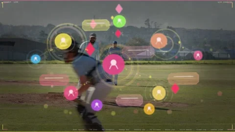 Pitcher shifting weight and preparing to pitch, HUD labels annotating players 库存影片 333601675