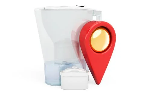 Pitcher water filter with map pointer, 3D rendering Illustrazione stock