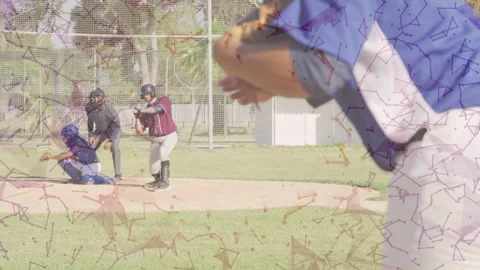 Pitcher winding up and throwing baseball at batter while catcher receiving pitch Stock Footage 333019615