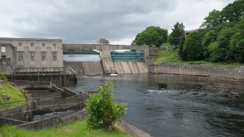 Pitlochry Dam, hydro electric power station and fish ladder Stock Footage 250439957