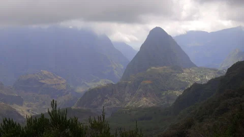Piton Cabris, mountain peak in the Cirque of Mafate, seen from Sentier Scout Stock Footage 143280952