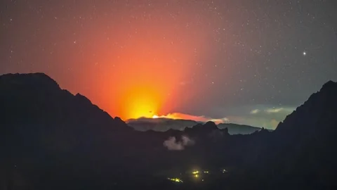 Piton de la Fournaise Eruption Timelapse from Maido - Night Sky - Reunion 2026 Stock Footage 337634880