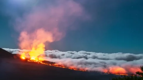 Piton de la Fournaise Eruption Over Cloud Sea by Moonlight - Reunion 2018 Stock Footage 337700314