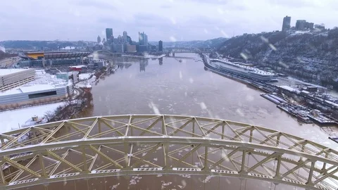 Pittsburgh Aerial of West End Bridge in Winter Stock Footage