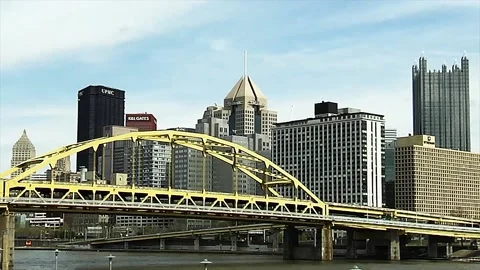 Pittsburgh Bridge River Partly Cloudy Summer Timelapse Video stock 137559234