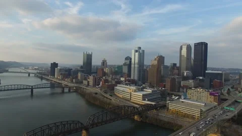 Pittsburgh Bridge River Sunset Fall Aerial 4K 2 Stock Footage 137559245