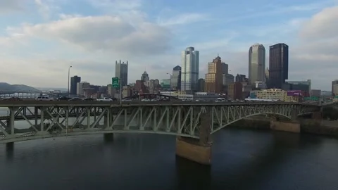 Pittsburgh Bridge River Sunset Fall Aerial 4K Stock Footage 137559250