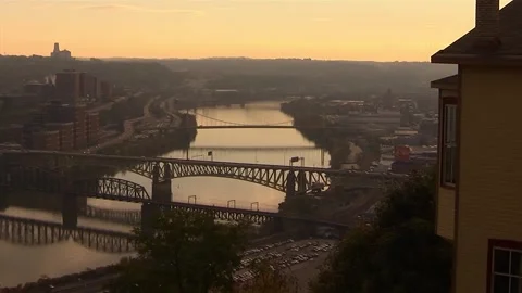 Pittsburgh Bridges River Sunset Fall Stock Footage 137559336