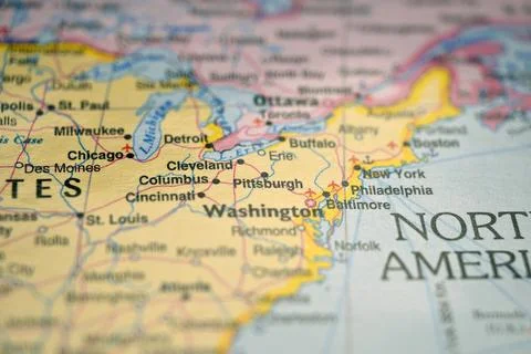 Pittsburgh Highlighted on World Map  Soft Blur Travel Photography Focusing .. Stock Photos