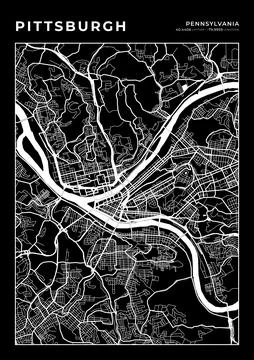 Pittsburgh Map Wall Art Frame, Cartography Map Print, City Layout Map Stock Illustration