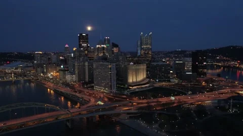 Pittsburgh Night River Bridge Full Moon Aerial 4K 1 Stock Footage 137560062