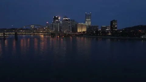 Pittsburgh Night River Bridge Full Moon Aerial 4K Stock-Footage 137560066