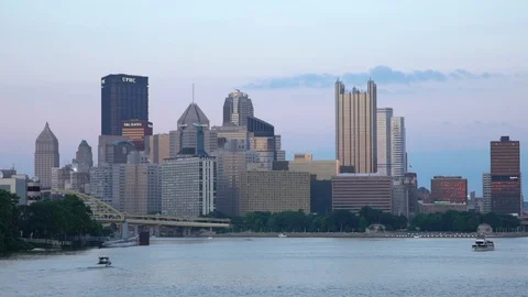 Pittsburgh Skyline From the River In Slow Motion Stock Footage 127014124