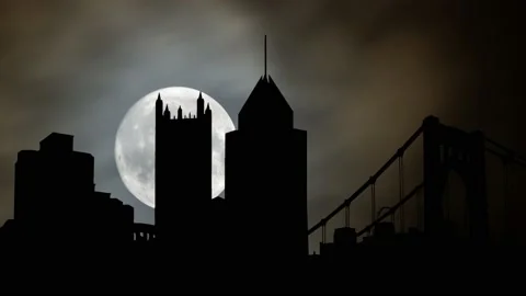 Pittsburgh Skyline: Time Lapse by Night with Full Moon, Pennsylvania, USA Stock Footage 145835180