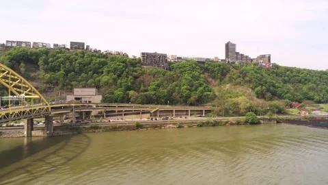Pittsburgh Yellow River Bridge and Wooded Hills, 4K Stock Footage 201643083