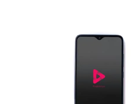 PixaMotion app launch screen with logo on the display of a black mobile smart Stock Photos