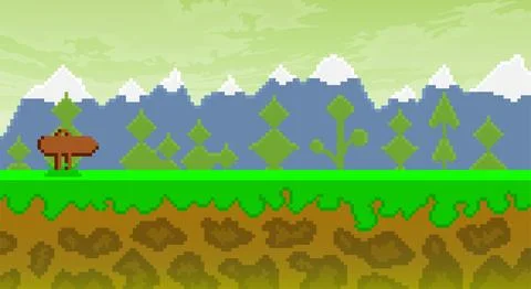 Pixel 2d, retro 8 bit walk track mountains, trees game background Stock Illustration