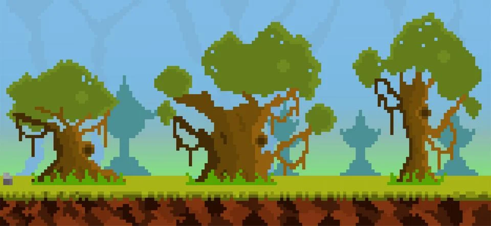 Pixel 2d three trees game background Stock Illustration