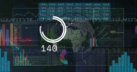 Pixel 3D globe rotating on dark data HUD, showing progress ring and numeric Video stock 330461831