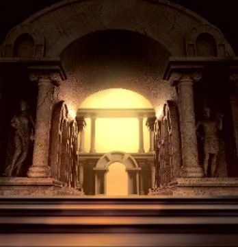 Pixel 3d render illustration of fantasy greek temple with statues. Stock Illustration