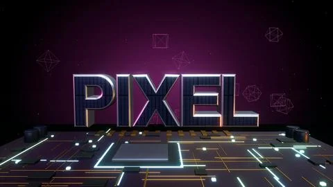 PIXEL 3D Text with Floating Polygons on a Circuit Board Stock Illustration