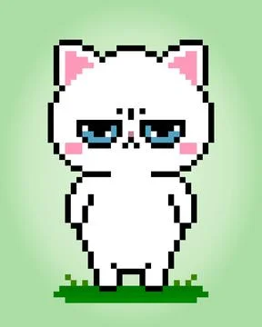 Pixel 8 bit angry white cat. Animals for game assets in vector illustration. Illustrazione stock